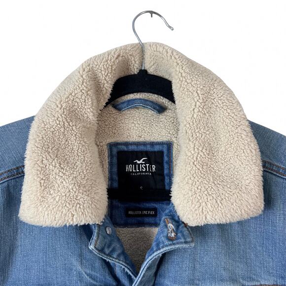 Hollister Epic Flex Jean White Sherpa Lined Jacket Trucker Vintage Style Y2k Fur - Picture 3 of 10